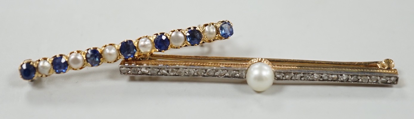 A 1920's yellow metal, cultured pearl and rose cut diamond set bar brooch, 47mm and a later yellow metal, split pearl and sapphire set bar brooch, gross weight 6.2 grams.